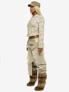 SUMWON WOMEN Cotton Women Fitted Camouflage Moto Jacket Urban Streetwear Zip Front Crop Military Fashion Fall Winter Outerwear With Mandarin Collar - Multicolor - View 3