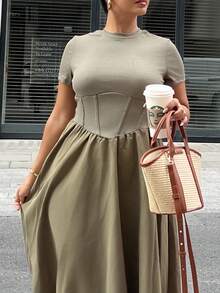 NegzBox Black Herringbone Print Mid-Length Dress,Sun Dress - Army Green - View 3