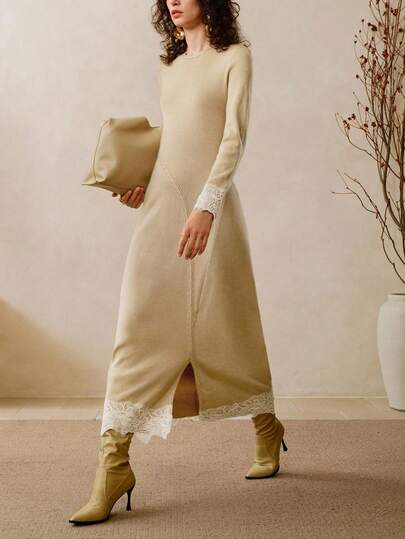 EMERY ROSE Women's A-Line Slim Waist Version Knitted Lace Patchwork Skirt Slit Design Daily Commuting Long Dress Fall Clothes For Women Fall Dresses For Women Boho Women Clothing