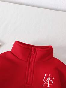 SHEIN 2pcs Baby Girl Fleece Sweatshirt & Pants Set, Embroidered Letter Design, Suitable For Outdoor And Indoor Wear, Autumn/Winter Fall - Red - View 5