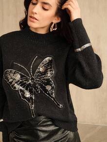 Anewsta Suéter oversize de mujer de alta gama con mariposa de lentejuelas, jersey de cuello alto de punto a la moda para otoño/invierno, elegante, chic, estiloso, adecuado para Navidad, Año Nuevo, salir - Negro - Ver 8