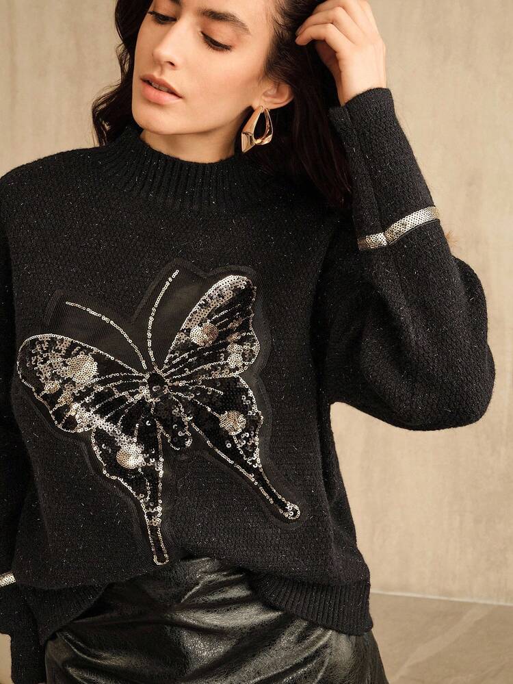 Maglione oversize di alta gamma da donna con paillettes a forma di farfalla, pullover lavorato a maglia con collo alto alla moda per l'autunno/inverno, elegante, chic, di stile, adatto per Natale, Capodanno, uscite