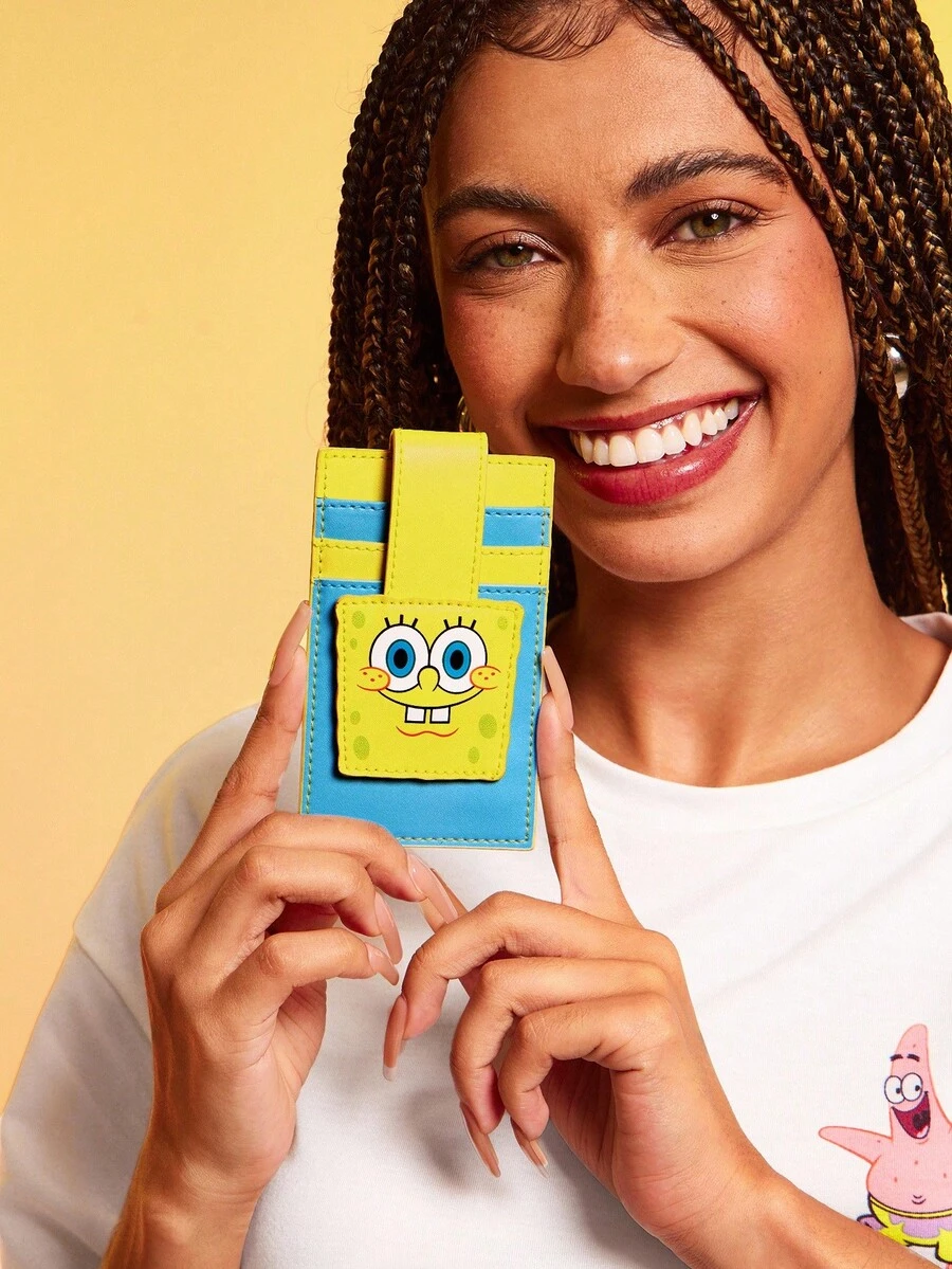SpongeBob SquarePants | SHEIN 1 件 PU 皮革卡通图案印花卡包，可存放 3 张卡片，适合男士、女士、学生 - 黃色 - 查看 1