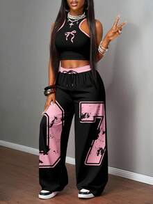 SHEIN Slayr 2 件套女士休闲街头紧身吊带背心和宽松裤套装，适合街头，数字 07 和蝴蝶结印花，适合球类运动 - 彩色 - 查看 4
