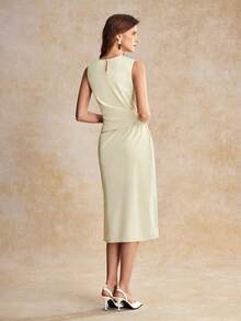 House of One Pleats Solid Woven Midi Dress With Metal Buckle Women Summer Autumn Elegant Casual Dress