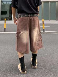 Manfinity EMRG 男士宽松口袋阔腿休闲牛仔短裤 - 咖啡棕 - 查看 2