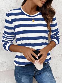 SHEIN LUNE Women's Athleisure Striped Crew Neck Casual Comfortable Basic Sweatshirt,Fall Stripe Top Blue Striped Shirt Long Sleeve Summer Top Striped Long Sleeve Blue And White Tops - Blue - View 5