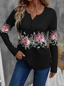 EMERY ROSE Áo thun cổ khoét họa tiết hoa giản dị, mùa thu - màu đen - Xem 5