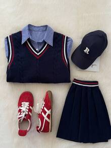 SHEIN Unity 女士V领撞色针织背心，复古学院风，休闲日常，适合返校季、通勤、办公、教师节等场合，保暖百搭，秋季必备 - 藏蓝色 - 查看 2