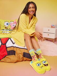 SpongeBob SquarePants | SHEIN Dép đi trong nhà chống trượt họa tiết hoạt hình thêu dễ thương thời trang cho nữ, chất liệu vải mềm mại, ấm áp, đế bền, phù hợp cho phòng ngủ, phòng máy lạnh, mùa xuân, thu, dành cho cả nam và nữ - Màu vàng - Xem 7