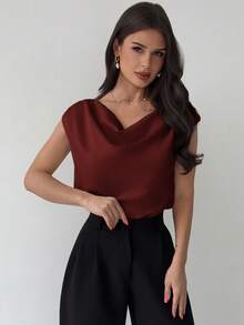 Firerie Bộ đồ liền thân bằng vải satin không tay cổ nhún bất đối xứng mới thanh lịch dành cho nữ, màu mơ, thiết kế tối giản, thích hợp cho các buổi hẹn hò, đi làm, mặc công sở, sang trọng - Màu Đỏ Sâu - Xem 4