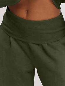 MUSERA 超宽腿翻折腰裤，休闲机场秋季复活节穿搭 - 軍綠色 - 查看 5