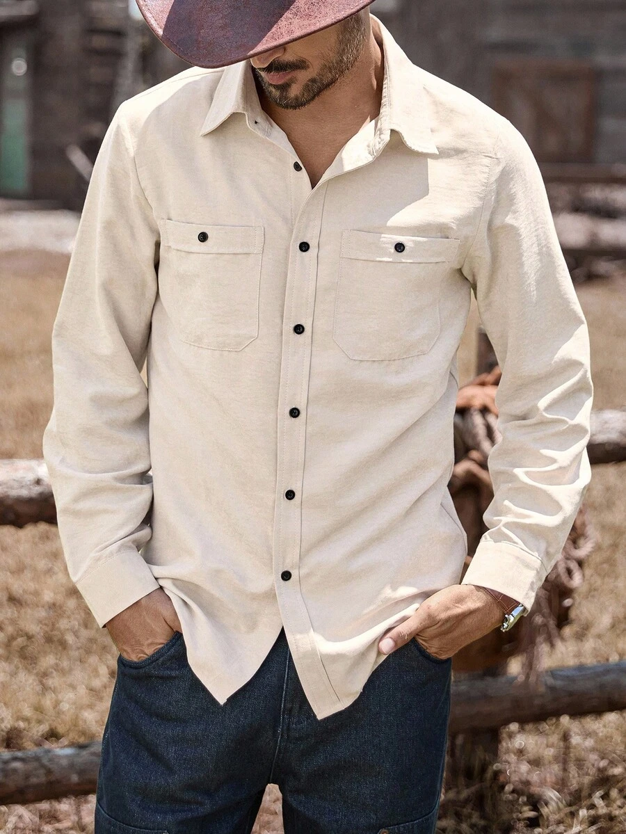 Manfinity Nomadique Men's Casual Solid Color Long Sleeve Shirt Button-Down Shirt Music Festival, Nightclub Bar, Boyfriend/Husband Gift, Beige Men Western Shirt Men Western Shirts Western Wear For Men Cowboy Shirts Men Rodeo Shirt Men, Fall - Beige - View 1