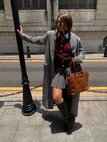 Maija 女士休闲百搭纯色开衫 女士薄款开衫 酒红色开衫 深红色开衫 纽扣开衫 - 棕色 - 查看 6