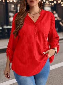 EMERY ROSE Plus Size Solid Color Notched Neck Roll Up Sleeve Casual Blouse ,Winter Clothes V Neck Blouses For Women Red Shirt Plus Size - Red - View 6