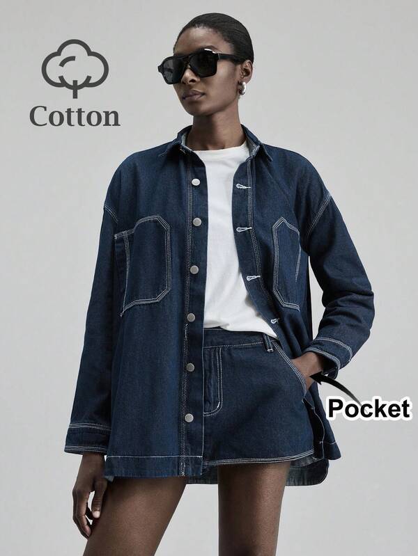 Ontre Women's Vintage Blue Denim Suit Loose Long-Sleeved Casual Shirt Top And Mini Skirt Pants Old Money Style INS Office Outfit Autumn Women's Clothing
