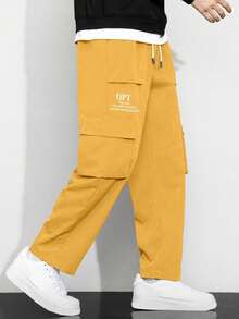 Claim Dot 男式标语图案翻盖口袋侧抽绳腰工装裤，秋季 - 黃色 - 查看 5