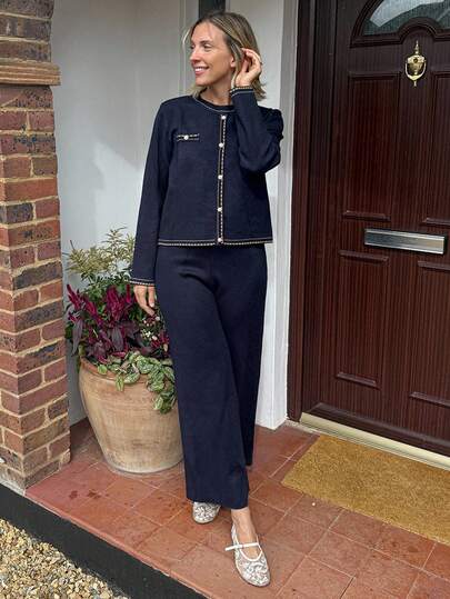 Vivie Lora 2件套女士撞色边开衫和针织裤套装