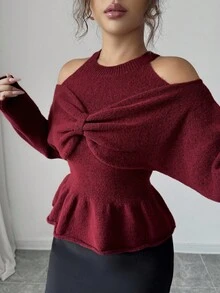 Elenzga Suéter de punto con volantes en el bajo, mangas largas, hombros descubiertos y decoración de lazo exagerado de unicolor para mujer - Rojo - Ver 7