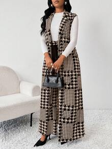 SHEIN Lady Conjunto de traje de mujer de talla grande con chaqueta larga y pantalones de pierna ancha con estampado de pata de gallo - Caqui - Ver 3