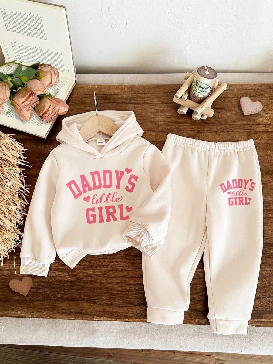 SHEIN 爸爸的小女孩印花女婴 2 件套衣服套装柔软针织连帽衫运动衫和宽松裤子，休闲