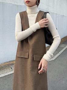 FRIFUL 女士纯棕色V领无袖直筒长裙，秋季连衣裙，户外连衣裙，秋季女装 - 咖啡棕 - 查看 6