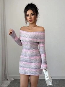 SHEIN Clasi Women's Off Shoulder Tie-Dye Striped Bodycon Mini Knit Dress - Purple - View 4