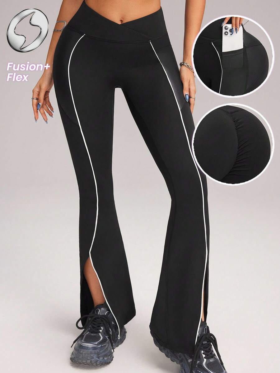 Innovista Women's Faux Leather Sports Flare Leggings,High Waist Tummy Control Sculpting Shapewear,Dry Fit Gym Workout Pants With Pocket,Edgy Activewear Bottom - Black - View 1