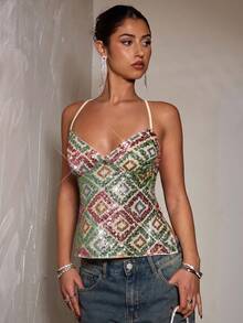 SHEIN BAE Sequin Backless Halter Neck Crop Top, Suitable For Wedding, Graduation, Night Out, Party, Daily Wear, Holiday Club Outfits Women Sexy,Party - Multicolor - View 1