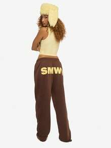 SUMWON WOMEN 图案阔腿慢跑裤舒适冬季家居服休闲街头宽松运动裤秋季日常舒适裤后背印有标志 - 咖啡棕 - 查看 1