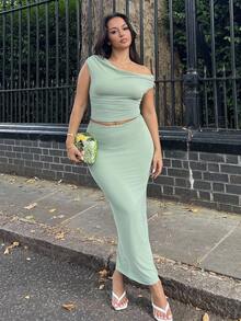 NegzBox Women's Fashionable Asymmetric Collar Pleated Top And Skirt Set ,Petite Women - Green - View 6