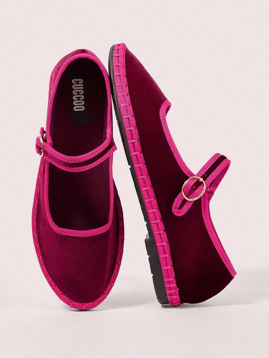 CUCCOO DOLLMOD Women's Burgundy Velvet Classic Comfortable Mary Jane Flat Shoes, Elegant & Fashionable For Christmas Spring Shoes - Burgundy - View 1