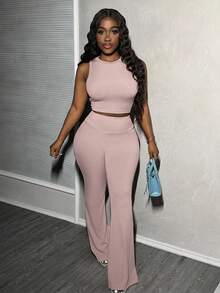 Slaydiva 2pcs/Set Summer Casual All-Match Ribbed Sleeveless Tank Top And Flare Pants Set
