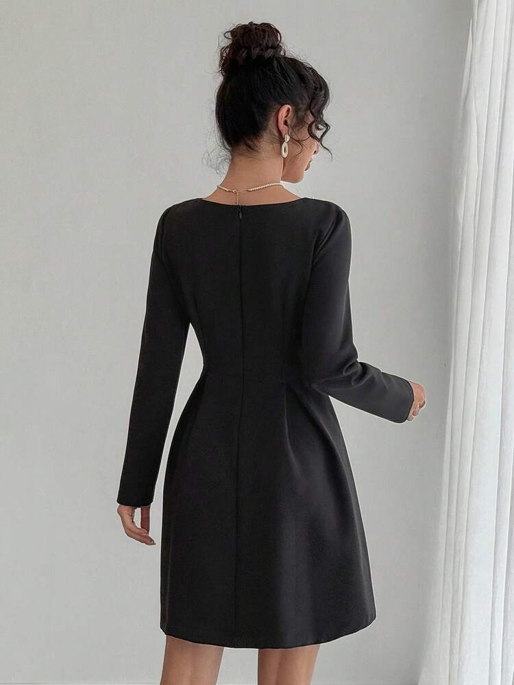 Women's Square Neck Rhinestone Embellished Long Sleeve A-Line Mini Dress
