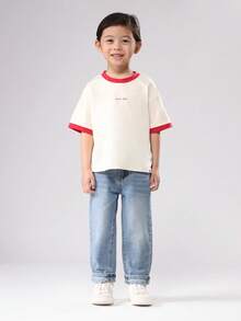 SUMWON 优质儿童文化口号印花常规版型 T 恤，红色圆领短袖，白色基本款休闲棉质圆领