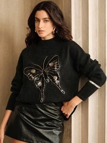 Anewsta Suéter oversize de mujer de alta gama con mariposa de lentejuelas, jersey de cuello alto de punto a la moda para otoño/invierno, elegante, chic, estiloso, adecuado para Navidad, Año Nuevo, salir - Negro - Ver 6