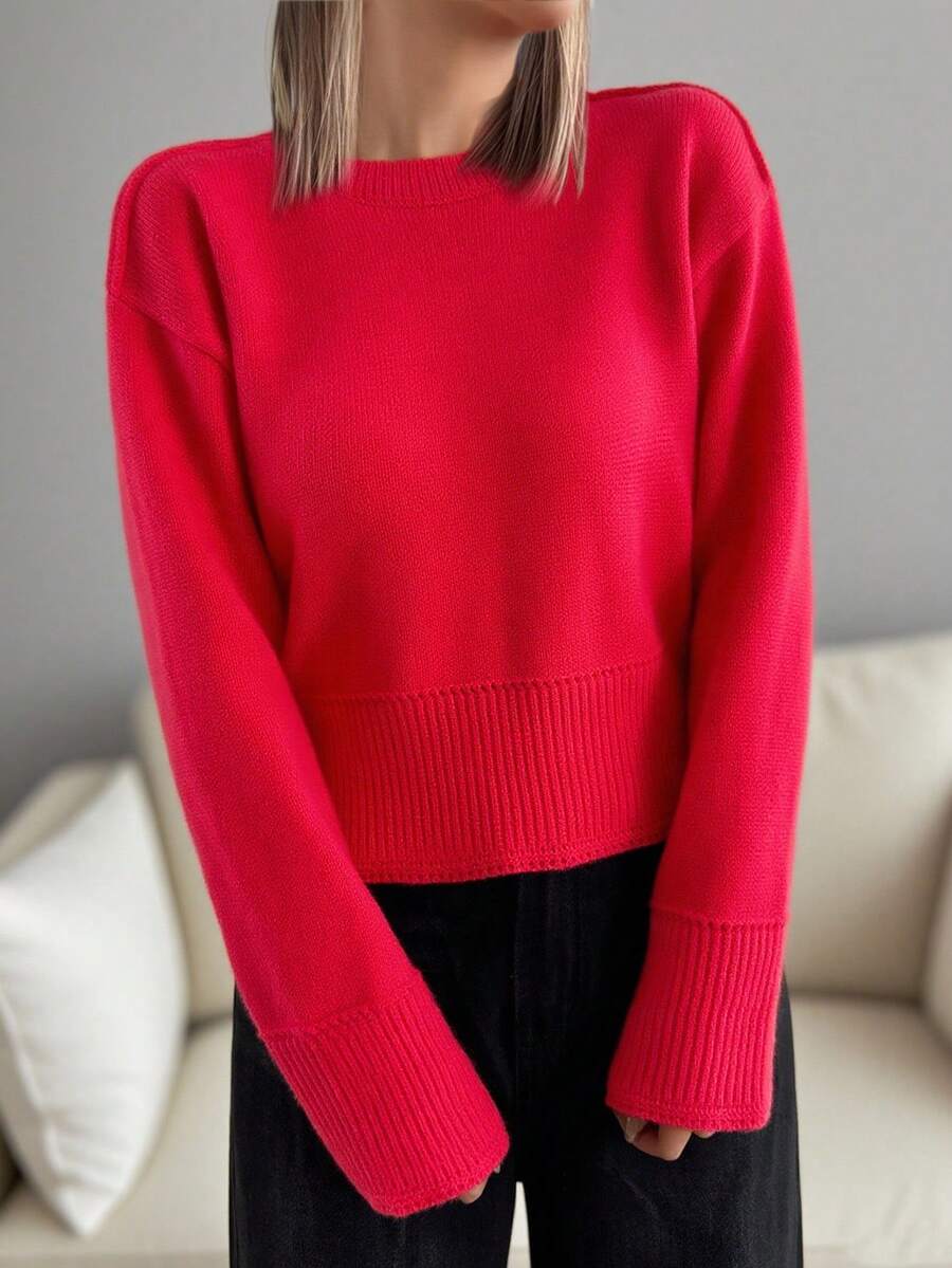 SHEIN LUNE 简约宽松纯色红色罗纹针织圆领毛衣 - 紅色 - 查看 1