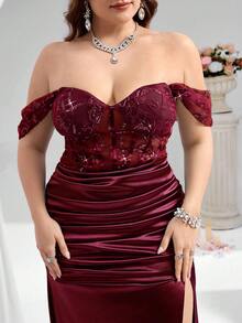 Coutiva 优雅性感上半身透视牡丹亮片刺绣拼接针织缎面下摆高开叉褶皱裹臀鱼尾下摆晚礼服、婚礼嘉宾、毕业典礼礼服 - 酒紅色 - 查看 5