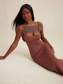 NYA SZN Chocolate Brown Elegant Dinner Date Summer Dress,Short Sleeve Asymmetrical Fitted Bodycon Flare Skirt Maxi Length Mesh Wedding Birthday Outfits Women - Brown - View 7