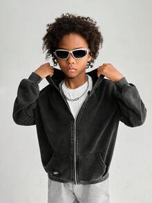 SHEIN Explorewe Tween Boy Solid Color Long Sleeve Loose Fit Zip-Up Hoodie, Fall/Winter - Dark Grey - View 1