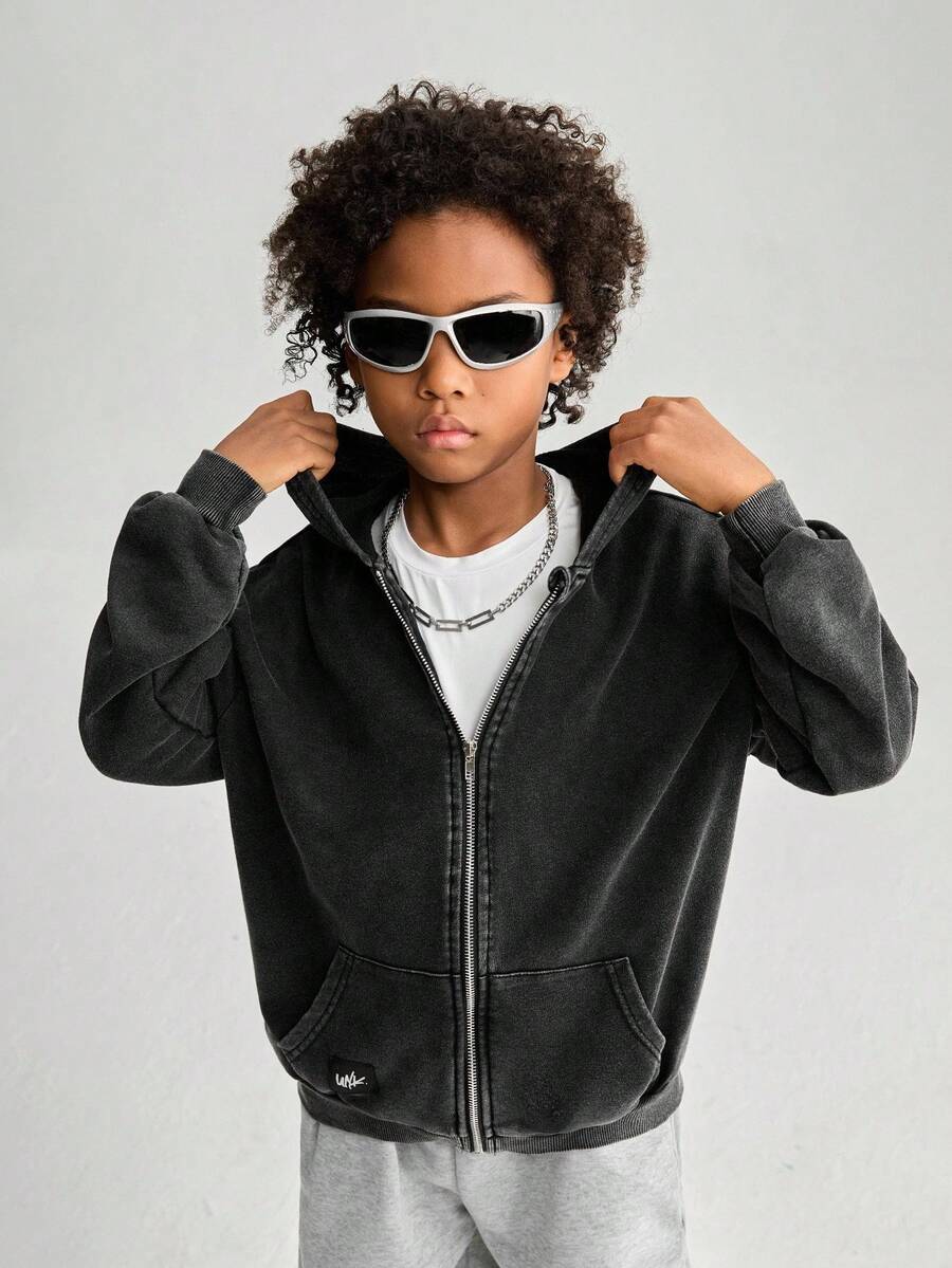 SHEIN Explorewe Tween Boy Solid Color Long Sleeve Loose Fit Zip-Up Hoodie, Fall/Winter - Dark Grey - View 1