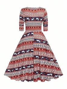 SHEIN Elegant V-Neck Long Sleeve A-Line Christmas Holiday Plus Size Dress, Multiple Colors - Multicolor - View 2
