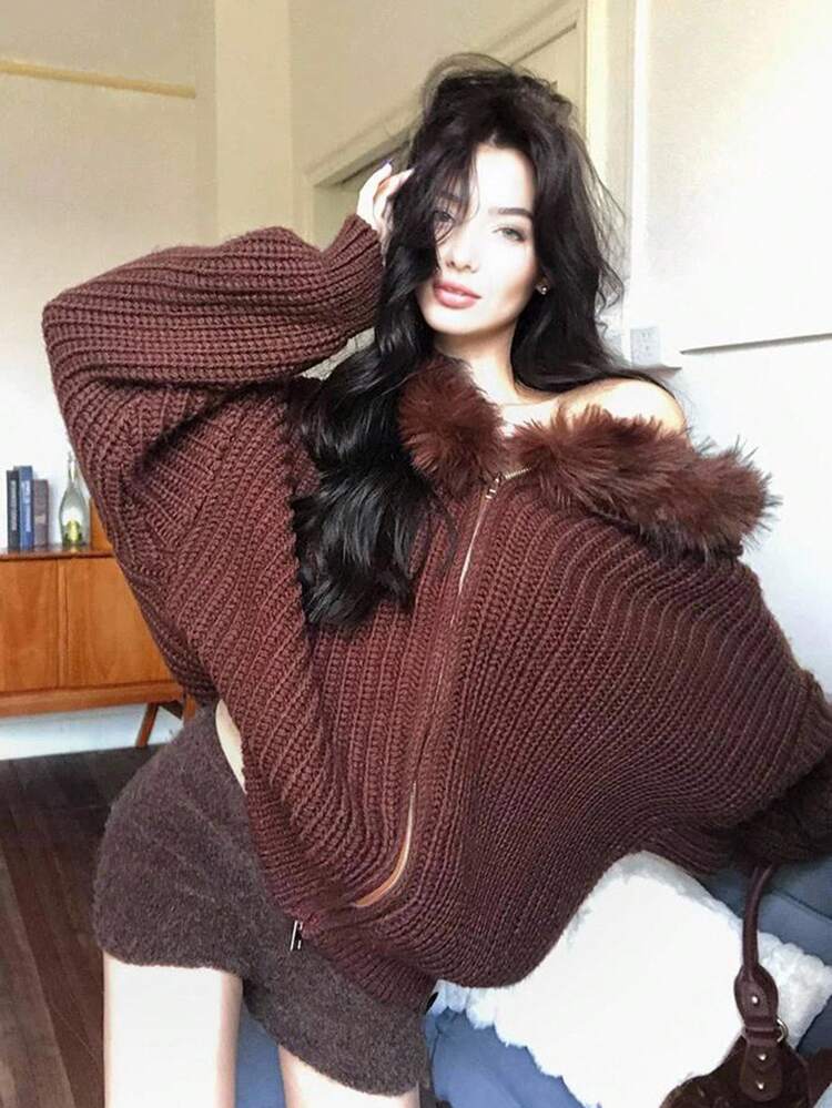 Women's Casual Plush Collar Patchwork Hooded Sweatshirt, Loose Knit Cardigan, Brown, Autumn/Winter Y2k