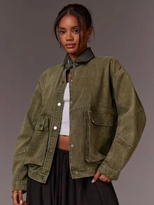 Athîral Chaqueta de mezclilla vintage desgastada y desgastada para mujer - Verde militar - Ver 2
