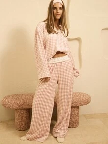 Aralina 舒适柔软抓绒格纹四分之一拉链长袖睡衣上衣，秋冬款，蓬松柔软 - 彩色 - 查看 6