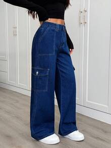SHEIN PETITE Casual Washed Straight Leg Denim Jeans - Dark Wash - View 5