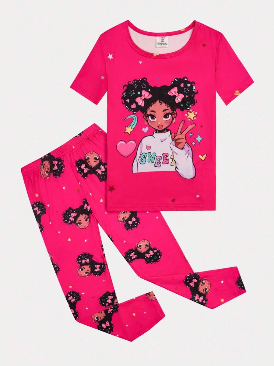 Tween Girl 紧身图案印花短袖上衣和长裤睡衣套装 - 玫紅色 - 查看 1