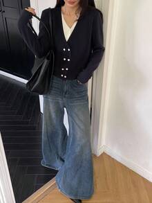 DAZY Cárdigan de mujer con cuello en V, 2 en 1, de color contrastante, con parches, de manga larga y manga corta ajustada - Azul Marino - Ver 2