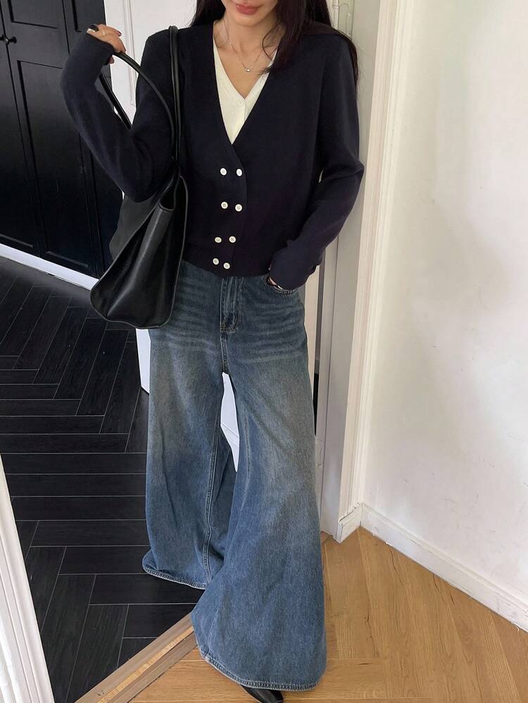 Women's V-Neck 2 In 1 Contrast Color Patchwork Long Sleeve Fitted Short Sleeve Cardigan