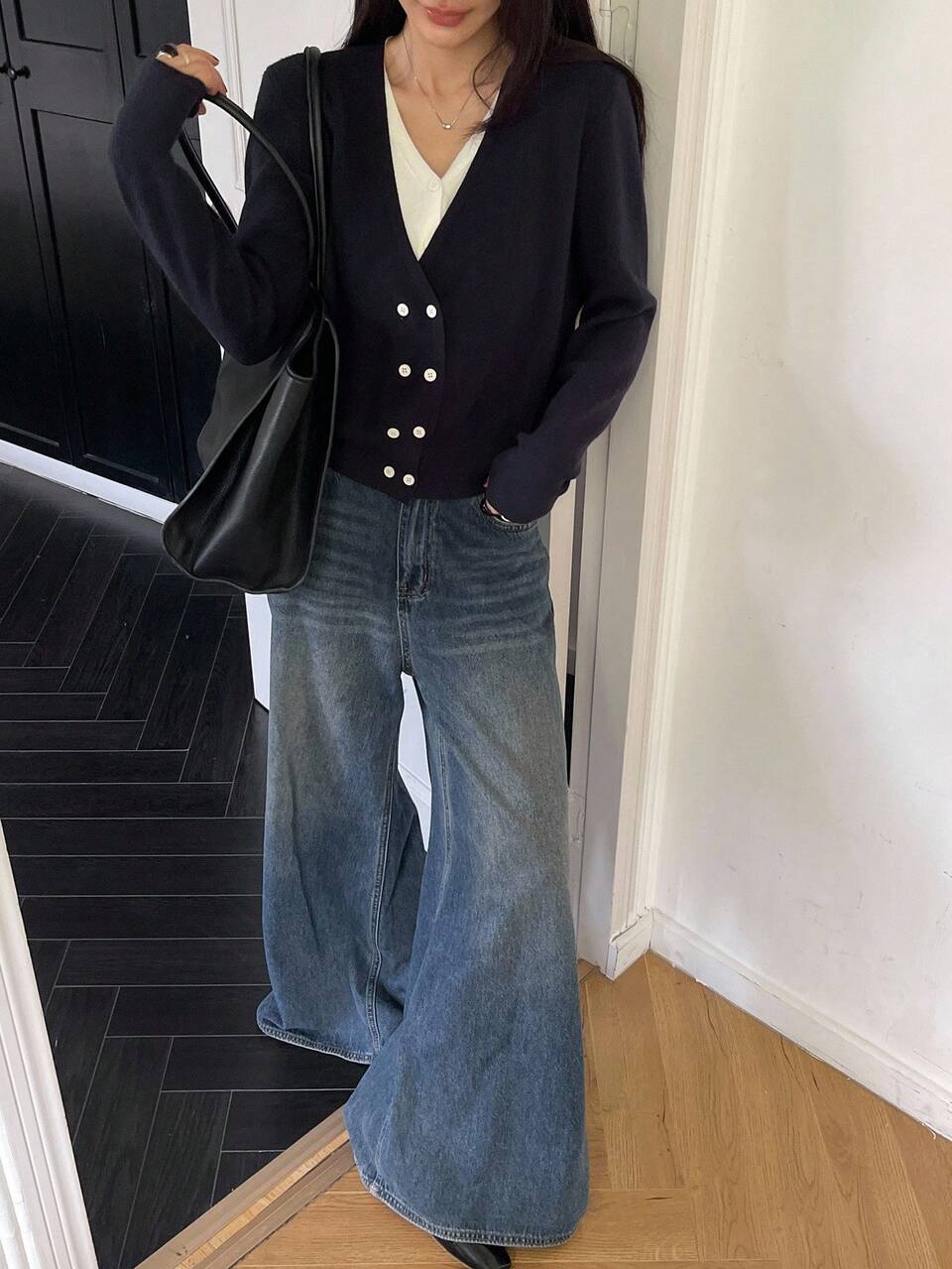 Women's V-Neck 2 In 1 Contrast Color Patchwork Long Sleeve Fitted Short Sleeve Cardigan